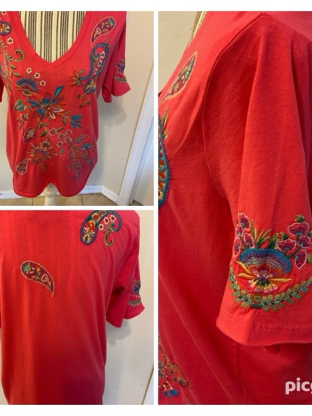 Johnny Was Pink Floral Embroidery V-Neck Cotton Tee - Style J14325-6  size M